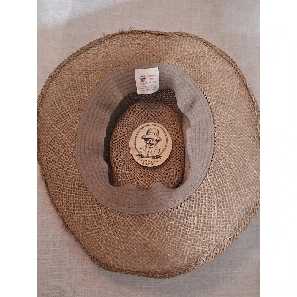 Panama Jack Straw Sun Hat Wide Brim Fedora Tropical Band Tan Small Medium USA